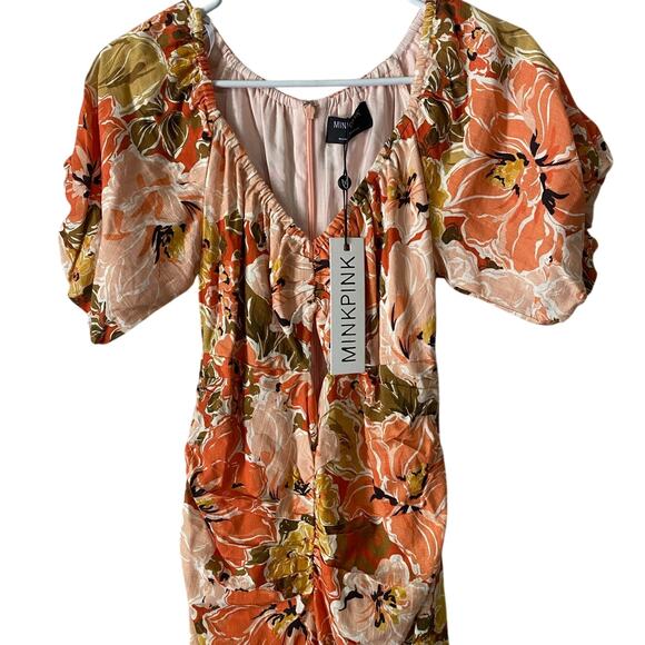 NWT MinkPink Tahlia Midi Dress Small Orange Pink Floral Print Linen Blend Party - Picture 6 of 11